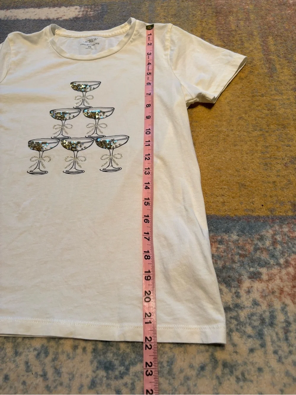 J. Crew Collector Tee White Graphic Champagne Glass Tee gold sequins, XS